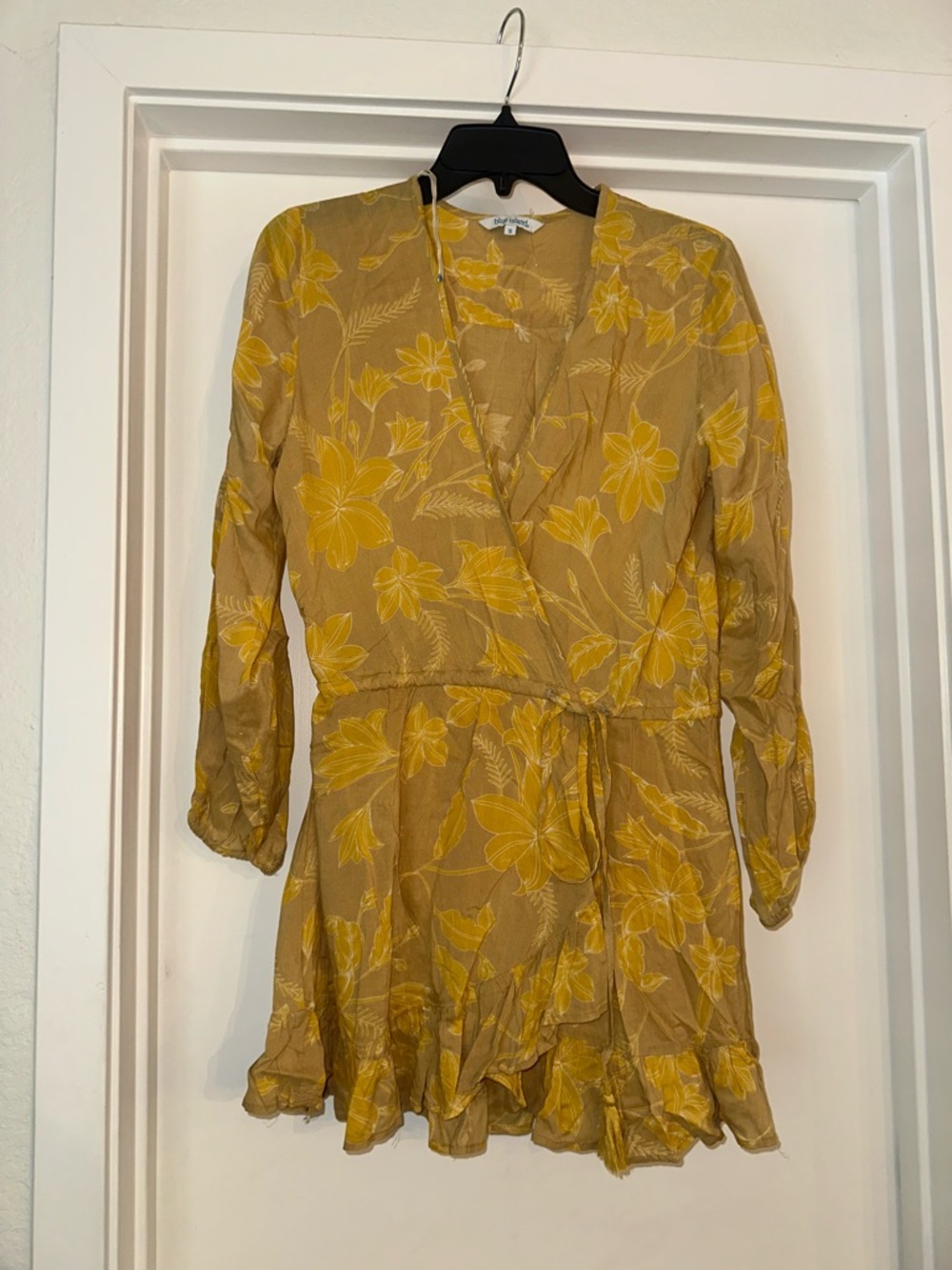 blue island Yellow Floral Long Sleeve Wrap Dress